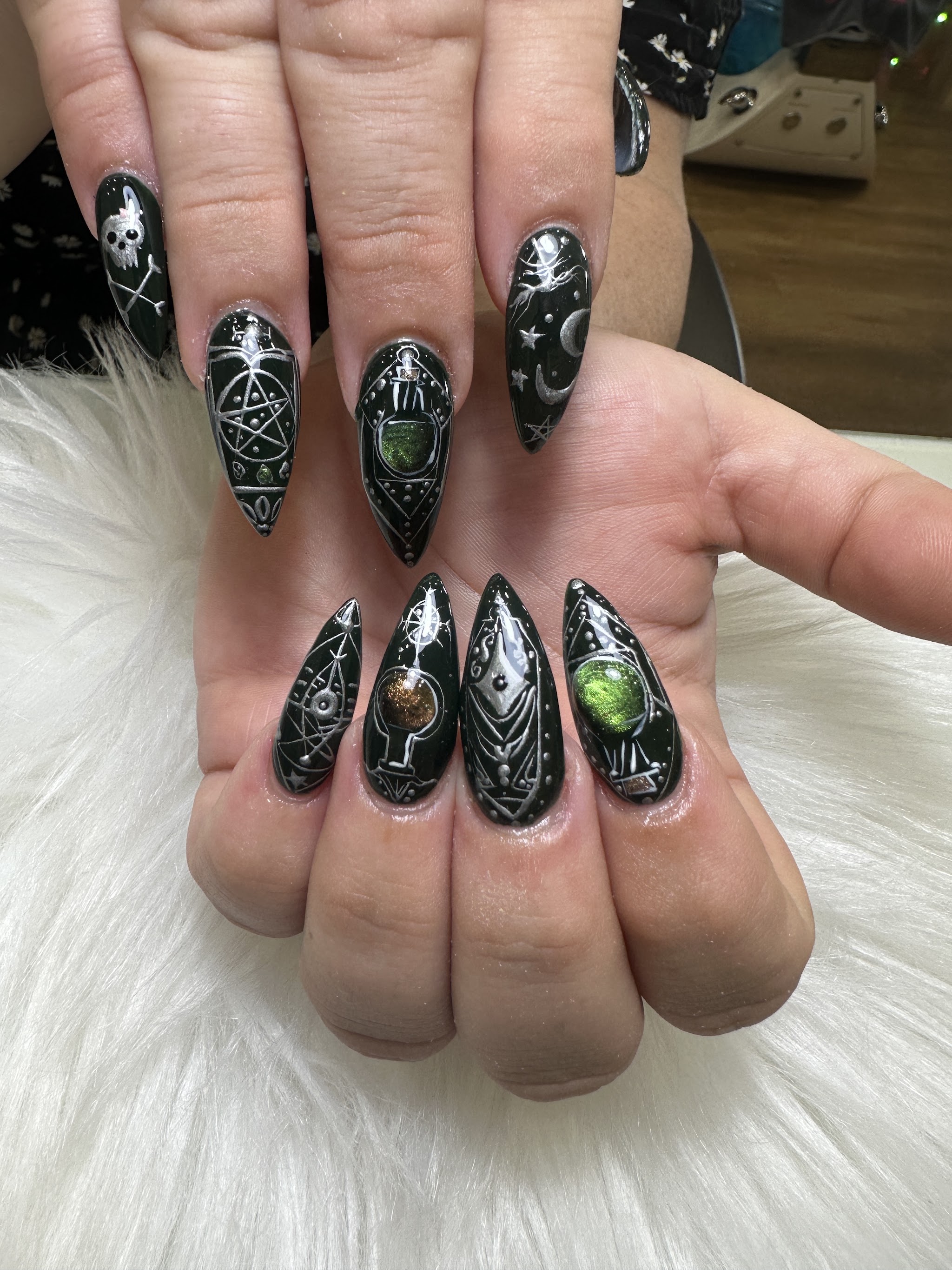 Dark green stiletto set with hand-painted celestial and potion art